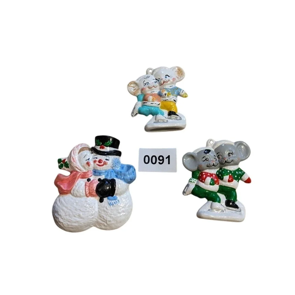 Christmas Ceramic Ornaments Mice‎ Snowman Snowlady lot of three 091